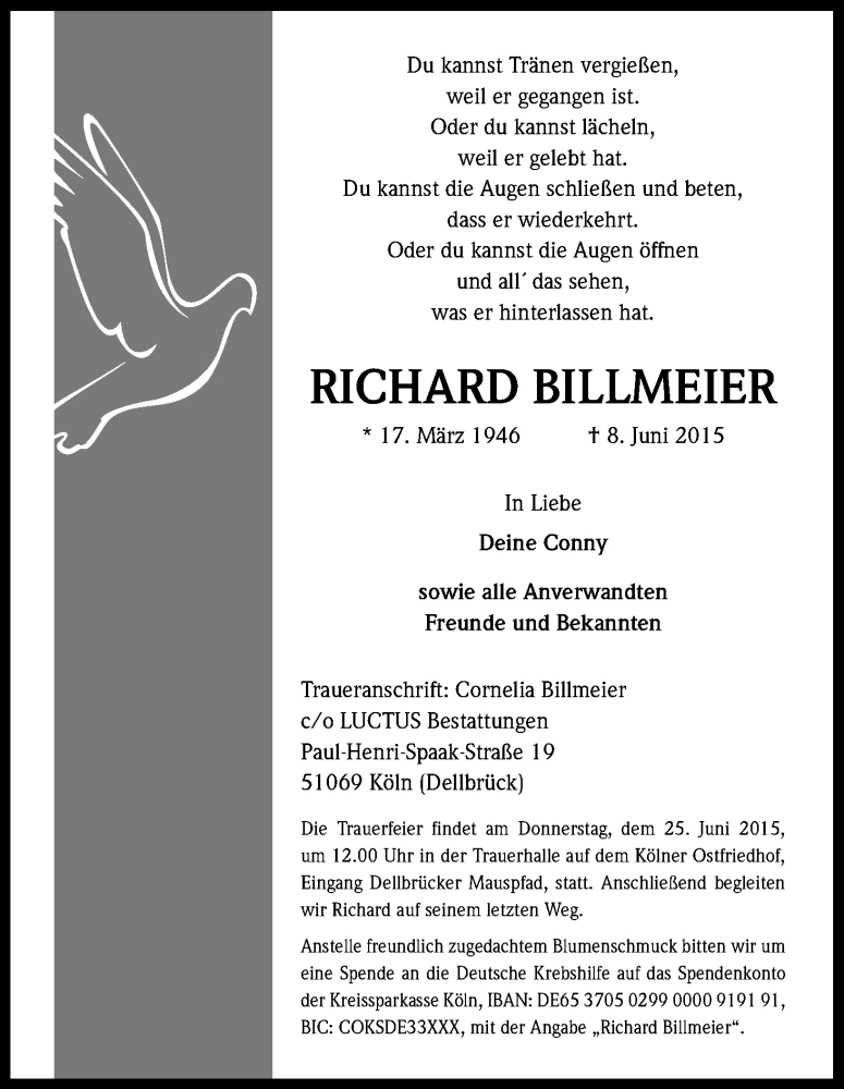  Traueranzeige für Richard Billmeier vom 20.06.2015 aus Kölner Stadt-Anzeiger / Kölnische Rundschau / Express