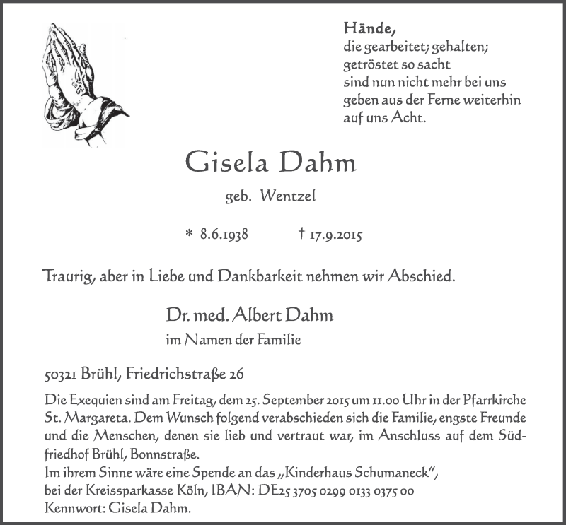  Traueranzeige für Gisela Dahm vom 23.09.2015 aus  Schlossbote/Werbekurier 
