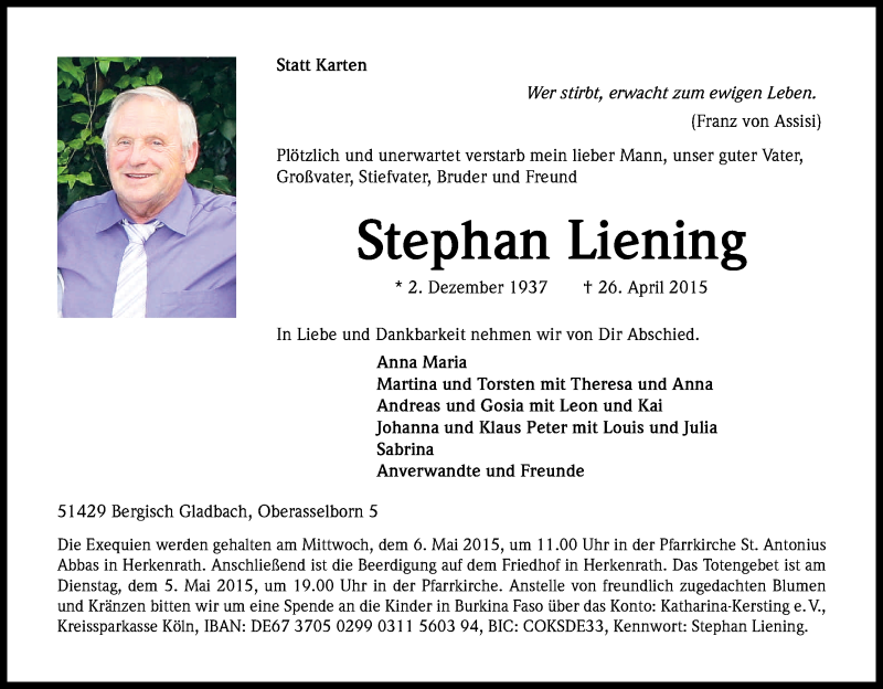  Traueranzeige für Stephan Liening vom 30.04.2015 aus Kölner Stadt-Anzeiger / Kölnische Rundschau / Express
