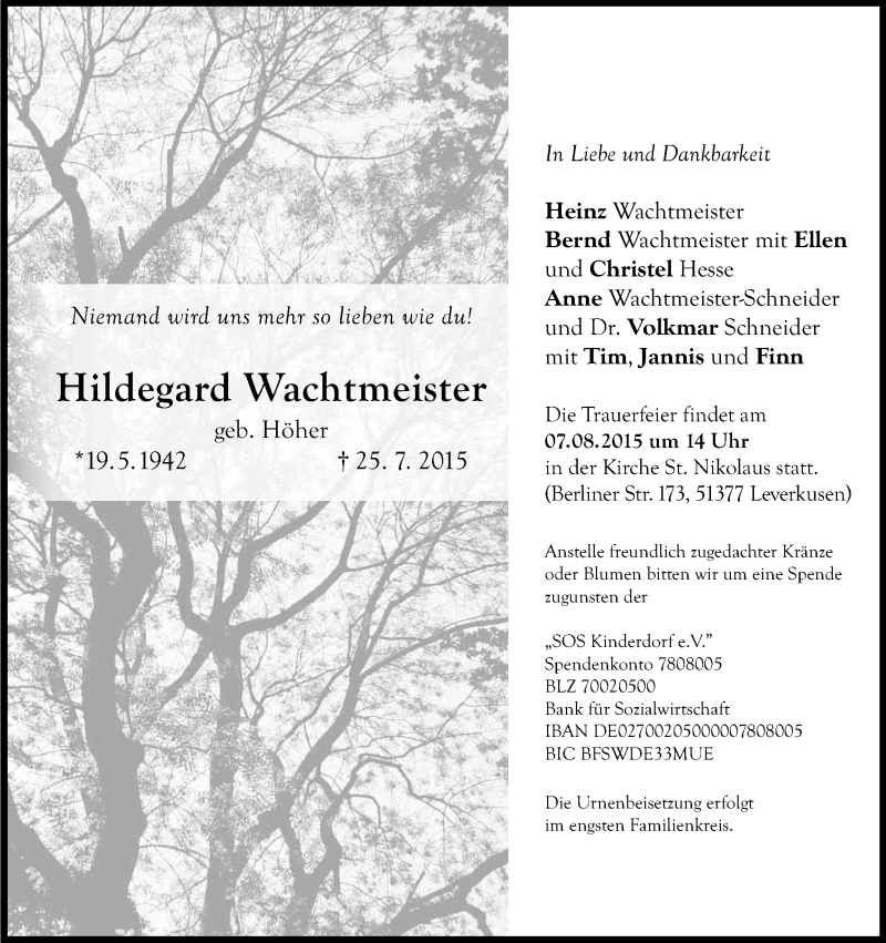  Traueranzeige für Hildegard Wachtmeister vom 01.08.2015 aus Kölner Stadt-Anzeiger / Kölnische Rundschau / Express