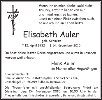 Anzeige von Elisabeth Auler von  Sonntags-Post 
