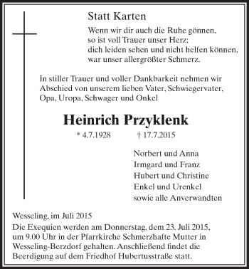 Anzeige von Heinrich Przyklenk von  Schlossbote/Werbekurier 