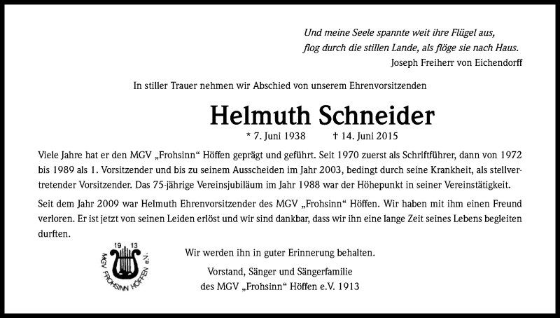  Traueranzeige für Helmuth Schneider vom 22.06.2015 aus Kölner Stadt-Anzeiger / Kölnische Rundschau / Express