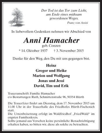 Anzeige von Anni Hamacher von  Wochenende 