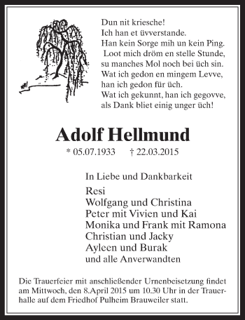 Anzeige von Adolf Hellmund von  Sonntags-Post 