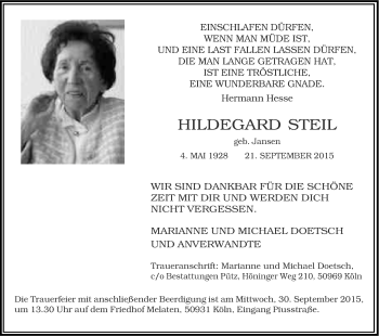 Anzeige von Hildegard Steil von Kölner Stadt-Anzeiger / Kölnische Rundschau / Express