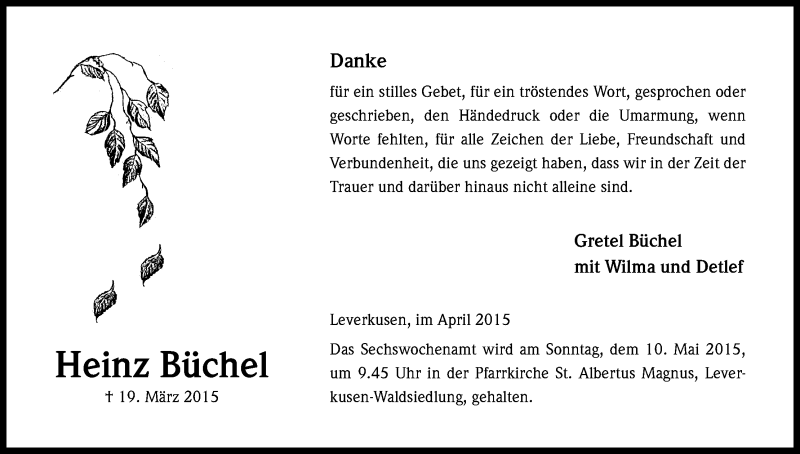  Traueranzeige für Heinz Büchel vom 06.05.2015 aus Kölner Stadt-Anzeiger / Kölnische Rundschau / Express
