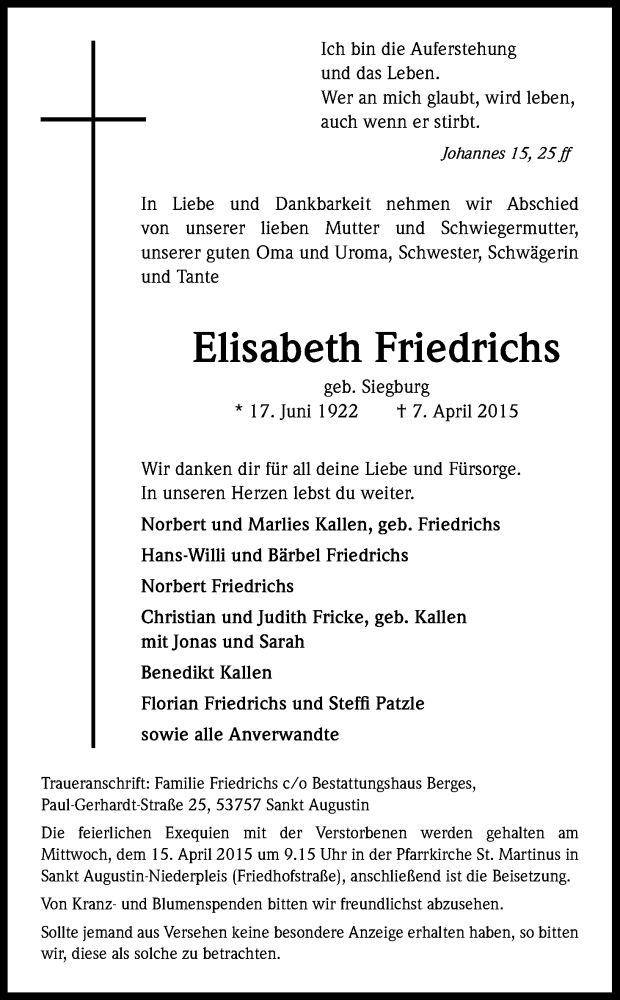  Traueranzeige für Elisabeth Friedrichs vom 11.04.2015 aus Kölner Stadt-Anzeiger / Kölnische Rundschau / Express