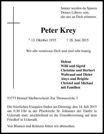 Anzeige von Peter Krey von Kölner Stadt-Anzeiger / Kölnische Rundschau / Express