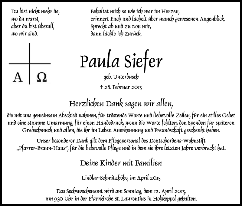  Traueranzeige für Paula Siefer vom 04.04.2015 aus Kölner Stadt-Anzeiger / Kölnische Rundschau / Express