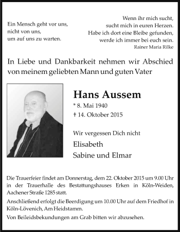 Anzeige von Hans Aussem von Kölner Stadt-Anzeiger / Kölnische Rundschau / Express