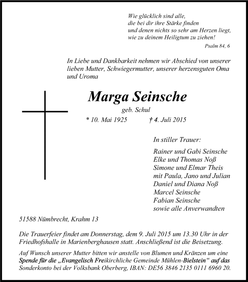  Traueranzeige für Marga Seinsche vom 07.07.2015 aus Kölner Stadt-Anzeiger / Kölnische Rundschau / Express