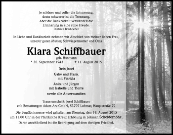 Anzeige von Klara Schiffbauer von Kölner Stadt-Anzeiger / Kölnische Rundschau / Express