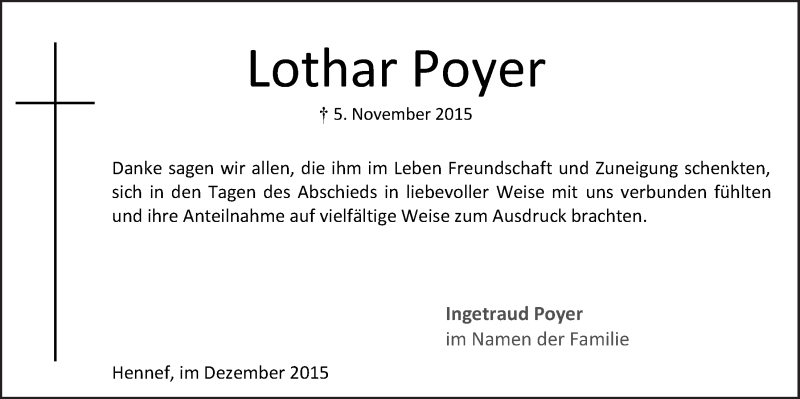  Traueranzeige für Lothar Poyer vom 09.12.2015 aus  Extra Blatt 