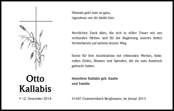 Anzeige von Otto Kallabis von Kölner Stadt-Anzeiger / Kölnische Rundschau / Express