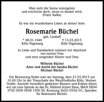 Anzeige von Rosemarie Büchel von Kölner Stadt-Anzeiger / Kölnische Rundschau / Express