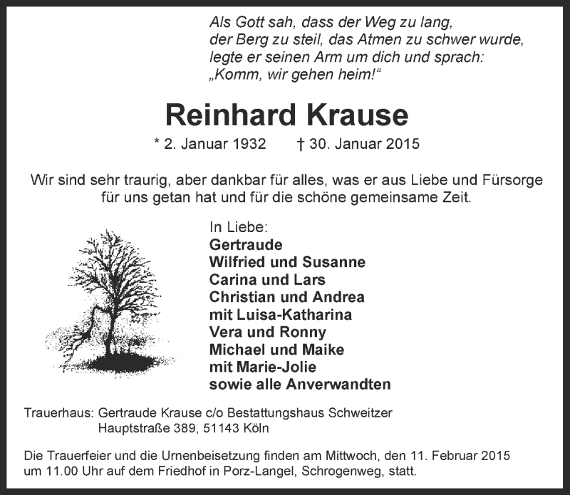  Traueranzeige für Reinhard Krause vom 11.02.2015 aus  Kölner Wochenspiegel 