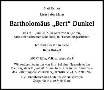 Anzeige von Bartholomäus  Dunkel von Kölner Stadt-Anzeiger / Kölnische Rundschau / Express