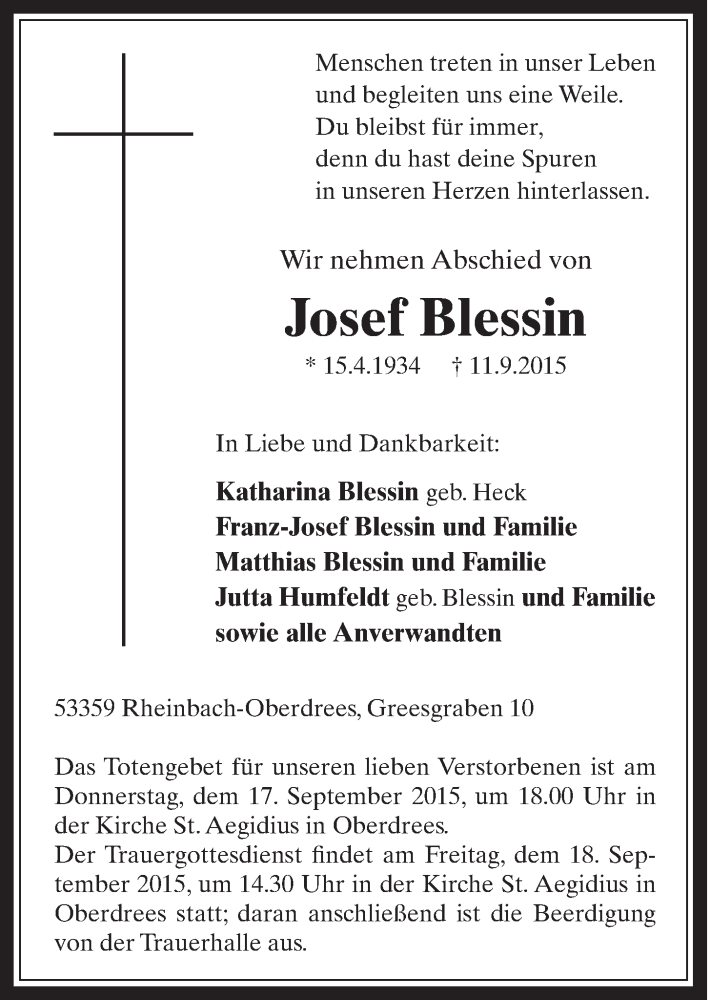  Traueranzeige für Josef Blessin vom 16.09.2015 aus  Schaufenster/Blickpunkt 