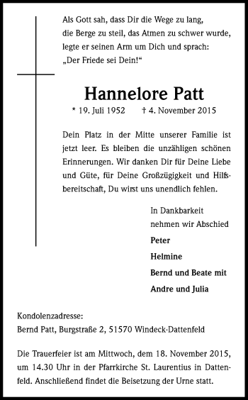 Anzeige von Hannelore Patt von Köln - Wir Trauern
