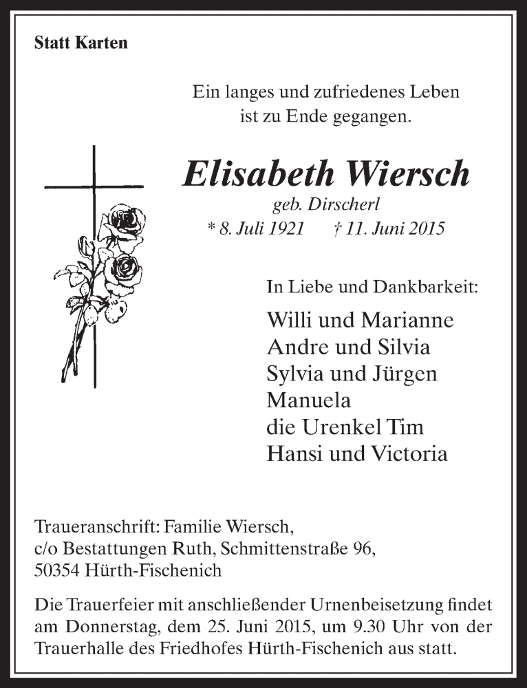  Traueranzeige für Elisabeth Wiersch vom 17.06.2015 aus  Wochenende  Werbepost 