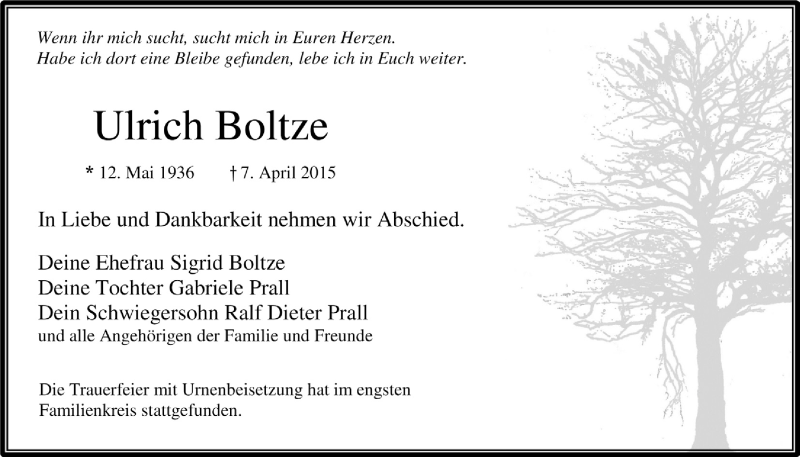  Traueranzeige für Ulrich Boltze vom 22.04.2015 aus  Bergisches Handelsblatt 