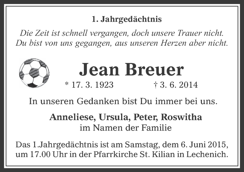  Traueranzeige für Jean Breuer vom 03.06.2015 aus  Werbepost 