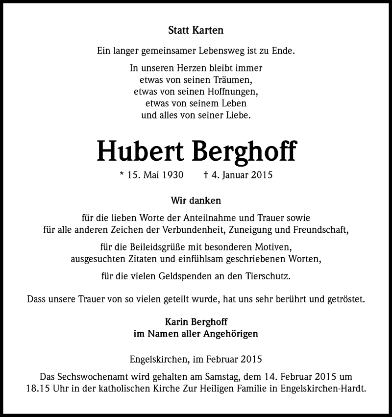  Traueranzeige für Hubert Berghoff vom 07.02.2015 aus Kölner Stadt-Anzeiger / Kölnische Rundschau / Express