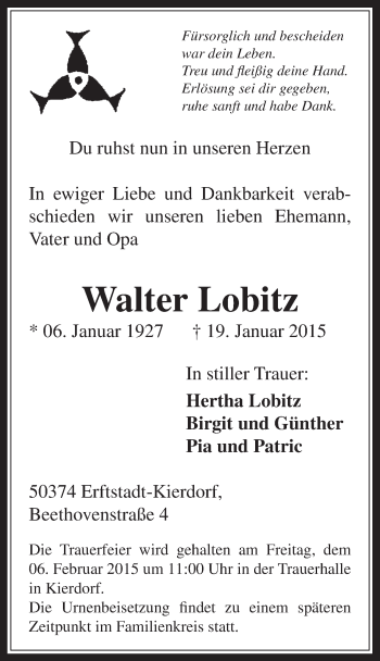 Anzeige von Walter Lobitz von  Werbepost 
