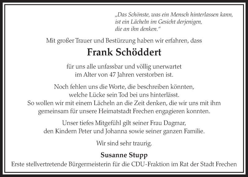  Traueranzeige für Frank Schöddert vom 14.02.2015 aus  Sonntags-Post 