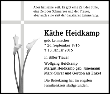 Anzeige von Käthe Heidkamp von Kölner Stadt-Anzeiger / Kölnische Rundschau / Express