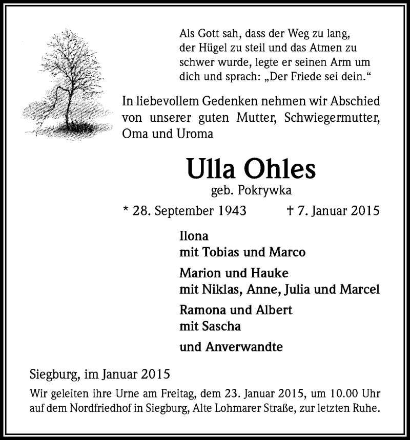  Traueranzeige für Ulla Ohles vom 20.01.2015 aus Kölner Stadt-Anzeiger / Kölnische Rundschau / Express