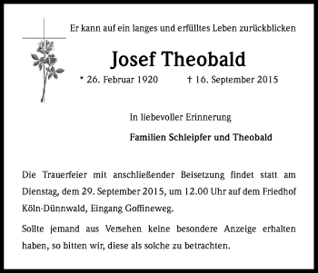 Anzeige von Josef Theobald von Kölner Stadt-Anzeiger / Kölnische Rundschau / Express
