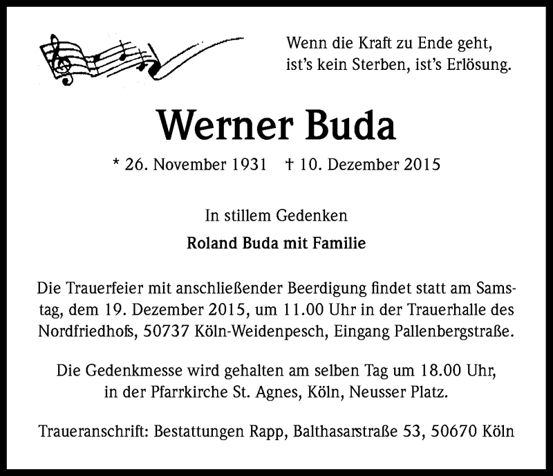  Traueranzeige für Werner Buda vom 17.12.2015 aus Kölner Stadt-Anzeiger / Kölnische Rundschau / Express