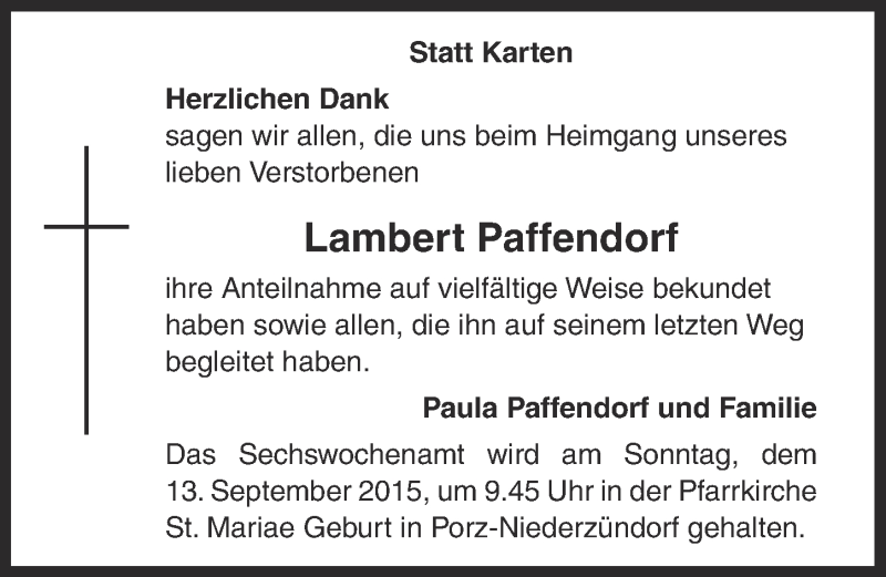  Traueranzeige für Lambert Paffendorf vom 09.09.2015 aus  Kölner Wochenspiegel 