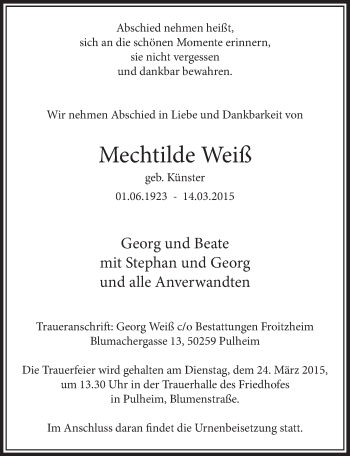 Anzeige von Mechtilde Weiß von  Sonntags-Post 