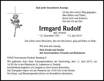 Anzeige von Irmgard Rudolf von Kölner Stadt-Anzeiger / Kölnische Rundschau / Express