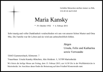 Anzeige von Maria Kansky von Kölner Stadt-Anzeiger / Kölnische Rundschau / Express
