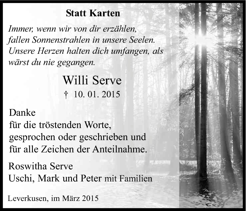  Traueranzeige für Willi Serve vom 07.03.2015 aus Kölner Stadt-Anzeiger / Kölnische Rundschau / Express