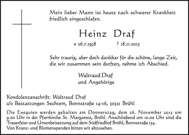  Traueranzeige für Heinz Draf vom 25.11.2015 aus  Schlossbote/Werbekurier 