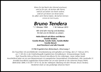 Anzeige von Bruno Tendera von Kölner Stadt-Anzeiger / Kölnische Rundschau / Express