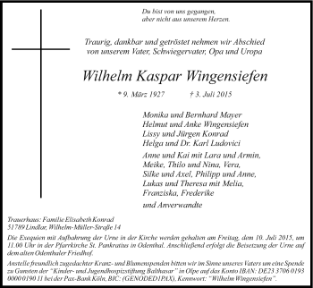 Anzeige von Wilhelm Kaspar Wingensiefen von Kölner Stadt-Anzeiger / Kölnische Rundschau / Express