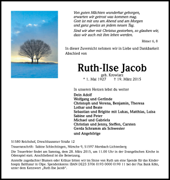 Anzeige von Ruth-Ilse Jacob von Kölner Stadt-Anzeiger / Kölnische Rundschau / Express