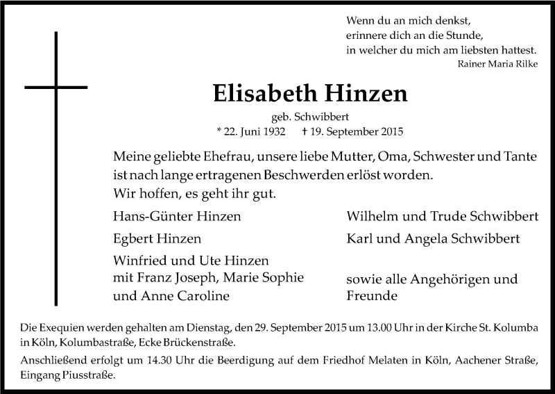  Traueranzeige für Elisabeth Hinzen vom 26.09.2015 aus Kölner Stadt-Anzeiger / Kölnische Rundschau / Express