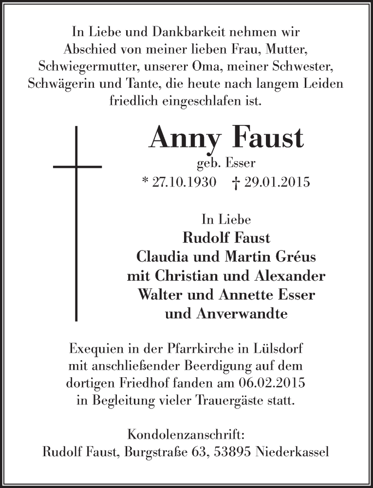  Traueranzeige für Anny Faust vom 11.02.2015 aus  Extra Blatt 