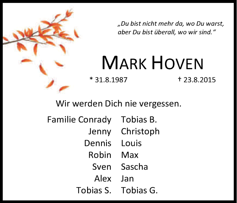  Traueranzeige für Mark Hoven vom 05.09.2015 aus Kölner Stadt-Anzeiger / Kölnische Rundschau / Express