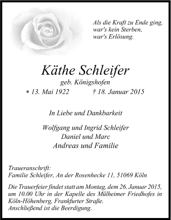 Anzeige von Käthe Schleifer von Kölner Stadt-Anzeiger / Kölnische Rundschau / Express