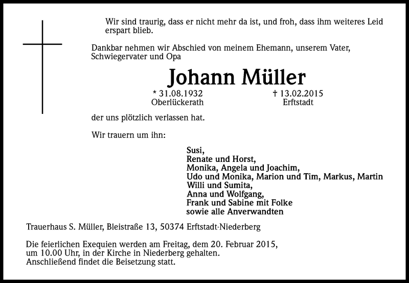  Traueranzeige für Johann Müller vom 19.02.2015 aus Kölner Stadt-Anzeiger / Kölnische Rundschau / Express