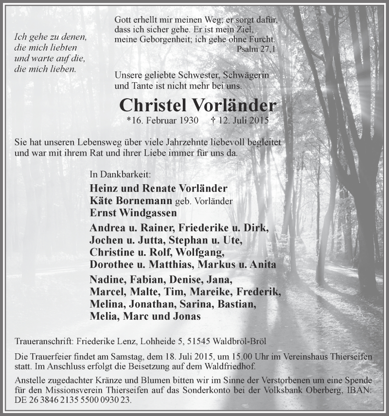  Traueranzeige für Christel Vorländer vom 15.07.2015 aus  Lokalanzeiger 