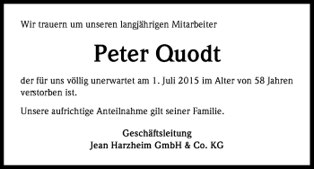 Anzeige von Peter Quodt von Kölner Stadt-Anzeiger / Kölnische Rundschau / Express